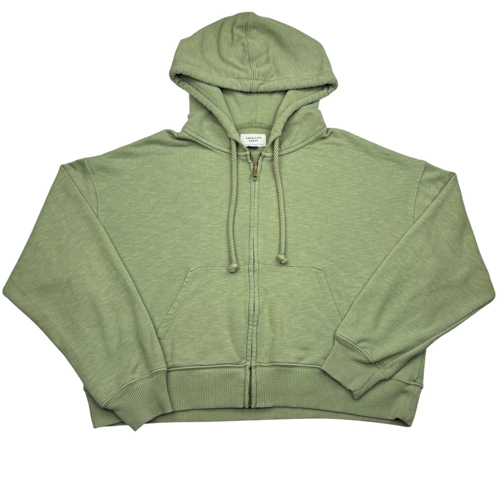 American Eagle Hoodie Womens Small Green Full Zip Cropped Oversized Sweatshirt